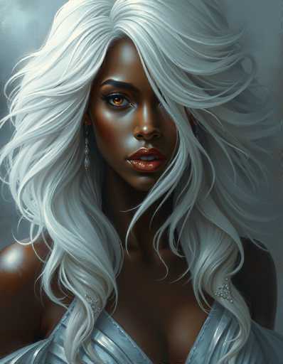 This image portrays a strikingly beautiful African-American woman with an intense gaze directed straight at the viewer. Her skin is a rich, dark brown, and her eyes are a captivating amber or light brown. She has full, red lips and long, wavy white hair that cascades past her shoulders, partially obscuring her face. Her hair is parted in the middle, with some strands flowing over her left eye and the rest framing her face. She wears a shimmering silver dress with a deep V-neckline that reveals a hint of cleavage, and the dress appears to be adorned with sequins or rhinestones, adding a touch of sparkle. Her shoulders are bare, and she accessorizes with long, dangling earrings that feature clear or diamond-like stones. The background is a muted gray, which contrasts with her vibrant features and the lustrous quality of her attire. The overall composition of the image is vertical, emphasizing her elegant and captivating presence.