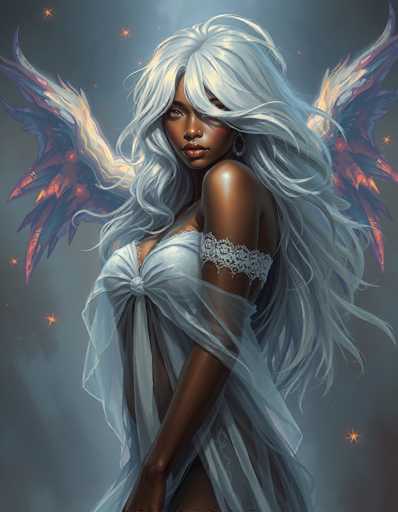 This image portrays a striking, computer-generated depiction of a dark-skinned woman with long, flowing white hair that cascades down her back. She is adorned in a sheer, white dress that features a lace detail around her upper arm and a bustier-style top. Her right arm is bent at the elbow, with her hand resting near her hip, while her left arm is obscured from view. The woman's face is partially visible, with her right eye and nose clearly seen, while her left eye is hidden behind her hair. She has full lips and a serious expression. Behind her, a pair of majestic, multi-colored wings—shimmering with hues of purple, blue, red, and orange—extend outwards, adding an ethereal quality to her appearance. The background is a dark gray, speckled with small, star-like orange dots, enhancing the mystical atmosphere of the scene.