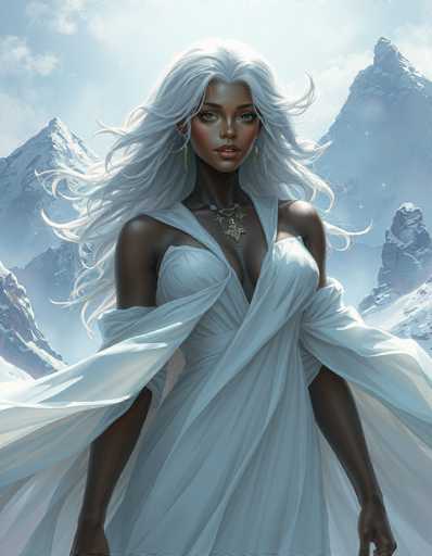 The image depicts a striking, computer-generated illustration of a woman with dark skin and long, flowing white hair that cascades down to her waist. She stands in a dramatic pose, gazing directly at the viewer with large, expressive brown eyes. Her attire is a flowing white dress that features a deep V-neckline, revealing her shoulders and part of her chest. The dress is accentuated by a sash that drapes elegantly over her arms and extends to the sides. Adorning her neck is a prominent gold necklace with a large pendant, and she wears gold earrings that complement her regal appearance. The background showcases a serene, light blue sky with wispy clouds and snow-capped mountains, adding to the ethereal and majestic atmosphere of the scene.
