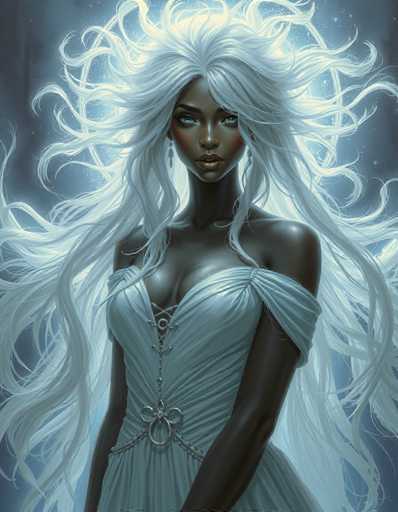 The image depicts a striking, computer-generated portrait of a dark-skinned woman with an ethereal presence. She has long, flowing white hair that cascades down to her waist, with some strands appearing almost translucent. Her hair is adorned with a radiant halo of light that gives it an angelic glow. She has captivating blue eyes, dark eyebrows, and a touch of red on her lips. Her skin is smooth and glowing, adding to her otherworldly appearance.

She is dressed in a light blue, sleeveless dress that features intricate silver lace-up details on the front, resembling a corset. The dress is form-fitting, highlighting her chest and shoulders, and has a silver chain hanging from the center. Her right shoulder is bare, while her left shoulder is covered by a delicate sleeve. She accessorizes with long, dangling earrings that add to her regal look.

The background is a dark blue, almost black, with a subtle gradient that enhances the luminous quality of her hair. The overall effect is a mesmerizing blend of realism and fantasy, making her appear as though she could be a character from a high-end video game or a digital artwork.