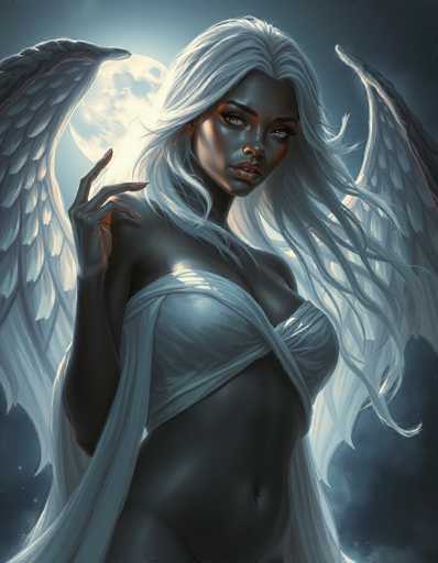 This image is a detailed, computer-generated illustration of a dark-skinned woman with long, flowing white hair and large, white angel wings extending from her back. She is standing in front of a glowing full moon, which casts a soft light over her figure. The woman is wearing a white, strapless top that leaves her midriff exposed, and a white sash or scarf drapes around her neck and down her body. Her right hand is raised, with her index finger pointing upwards, while her other fingers are curled. She has striking green eyes and full lips, and her expression is serious as she gazes directly at the viewer. The background features a dark, cloudy night sky, enhancing the ethereal and mystical atmosphere of the scene.
