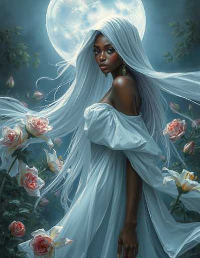 This image is a detailed, computer-generated painting of a young African-American woman standing in front of a large, full moon. The woman, who has dark skin and long, flowing black hair, is adorned in a white, off-the-shoulder dress that appears to be made of sheer, gauzy fabric. She is positioned with her body facing left, but her head is turned towards the viewer, revealing her expressive eyes and full lips. Her right arm hangs down by her side, and she wears a green earring. The background is a dark, bluish-gray sky, enhancing the ethereal quality of the scene. Surrounding her are lush green leaves and a variety of flowers, including pink roses and white lilies, which add a touch of color and life to the composition. The overall atmosphere is serene and mystical, with the moonlight casting a gentle glow on the woman's face and dress.