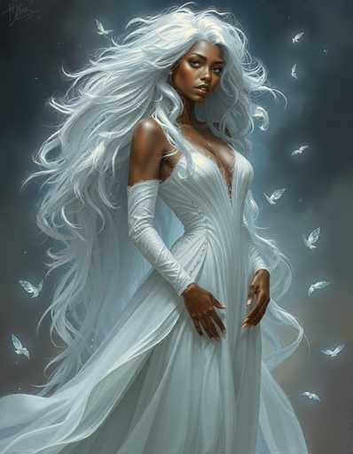 The image depicts a striking African-American woman with long, flowing white hair that cascades down to her waist, almost reaching her knees. She is adorned in a flowing white dress that features a deep V-neckline, revealing a hint of cleavage. The dress is sleeveless, with a sheer, flowing skirt that adds to the ethereal quality of her appearance. Her arms are covered by elegant white gloves that extend from her elbows to her wrists. She stands with her hands gently resting on her hips, exuding a sense of poise and confidence. Her face is framed by a serious expression, with her gaze directed slightly to the right. The background is a dark gray, almost black, which contrasts beautifully with the white elements of her attire and hair. Surrounding her are numerous small white birds, resembling doves, that appear to be flying around her, adding a magical touch to the scene. The overall composition is reminiscent of a classic movie star, evoking a timeless and enchanting aura.