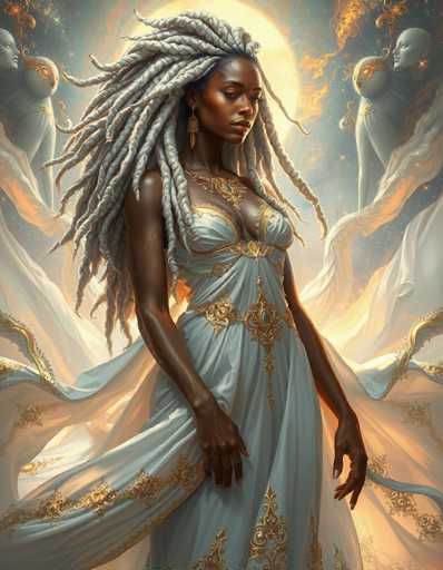 This image portrays a striking, computer-generated depiction of a black woman with an ethereal presence. She stands in a three-quarter profile, facing to the right, with her head slightly tilted downward. Her long, gray dreadlocks cascade down to her waist, adding to her majestic aura. She is adorned in a flowing, light blue dress intricately detailed with gold accents, including a gold belt and a gold-embellished necklace featuring a prominent blue gem. Her arms rest gracefully at her sides, and her fingernails are painted white.

The background is a mesmerizing blend of dark blue and black hues, illuminated by a large, glowing yellow moon that casts a radiant light over the scene. Surrounding her are several ghostly figures, resembling mannequins or statues, with their arms raised and adorned with glowing orange eyes. These figures add an eerie, otherworldly element to the composition. The overall effect is a captivating and surreal portrayal that evokes a sense of mystery and grandeur.