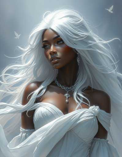 This image is a detailed, computer-generated artwork of a young African-American woman, likely in her early 20s. She has a striking appearance with long, flowing black hair that is interwoven with white strands, giving it a unique and ethereal quality. Her hair cascades down her shoulders, with some strands flowing in front of her chest and others behind her back. She is adorned in a white, strapless dress that features a low neckline and a fitted bodice. The dress is accentuated with a sheer, white overlay that drapes elegantly over her arms and chest, adding a touch of delicacy to her attire. She accessorizes with a silver chain necklace that has a pendant hanging just above her chest, and a dangling earring on her left ear. Her skin is a rich, dark brown, and her facial features are highlighted with a natural, glossy lip. She has expressive black eyes and a gentle, serene smile. The background of the image is a soft, light gray, which further accentuates the ethereal quality of her appearance.