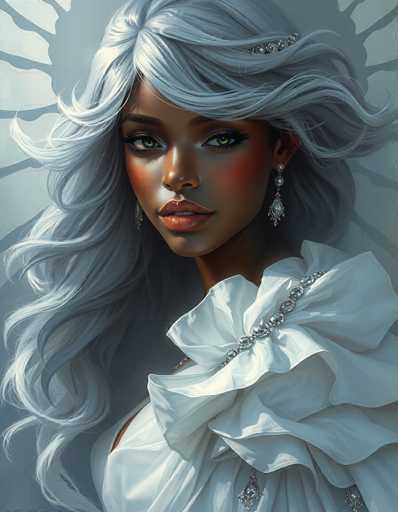This image features a highly detailed, computer-generated portrait of a young African-American woman with striking green eyes and long, flowing white hair. She is adorned with elegant diamond earrings and a matching diamond necklace, complementing her sophisticated appearance. Her attire includes a white dress with a ruffled collar and a silver chain draped over the shoulder, adding a touch of glamour. The background is a light blue, almost gray hue, with subtle white lines radiating behind her head, creating a halo-like effect. The woman's expression is serious, and she gazes directly at the viewer, exuding confidence and poise. The overall composition and intricate details suggest that this image is a professional piece of digital art.