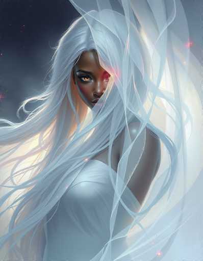 This image portrays a striking, computer-generated female character with long, flowing white hair that cascades down to her waist, partially obscuring her left eye. Her hair appears almost ethereal, with a gossamer-like quality that adds to the mystical aura. She has a dark complexion, possibly African-American, and her eyes are a captivating amber or golden-brown, with a hint of redness around them. Her face is adorned with subtle makeup, including pink blush on her cheeks and a touch of red lipstick. She is dressed in a sleeveless white dress that complements her hair. The background features a dark, night sky with a few stars, and there is a soft, glowing light emanating from behind her, enhancing the dreamlike quality of the scene. The overall composition suggests she might be a character from a video game or a fantasy setting.