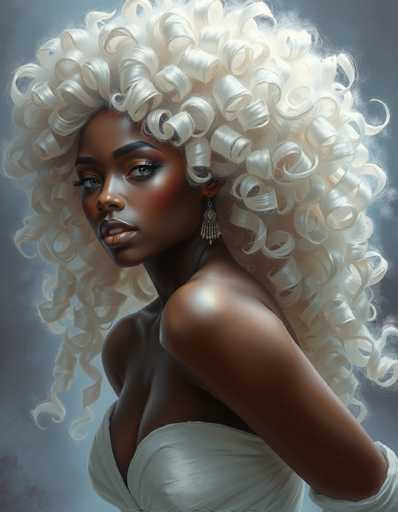 This image depicts a stunningly realistic painting of a young African-American woman, likely in her early 20s. She is portrayed with an incredibly detailed and lifelike quality, almost as if she could be mistaken for a photograph. The woman has a radiant, fair complexion with a warm brown undertone. Her striking features include a full, luscious lips adorned with a hint of red lipstick, and a nose that is both delicate and prominent. Her eyes are a captivating blue, framed by long, curled eyelashes and defined by bold black eyebrows. She has a full, yet graceful cheek structure that adds to her overall beauty.

Her hair is a notable feature, composed of numerous white curls that resemble tightly rolled paper or fabric. These curls are voluminous and give her an almost ethereal appearance, adding to the surreal quality of the painting. She is dressed in a white, sleeveless dress that accentuates her figure, with a design that reveals a hint of cleavage. The dress appears to be made of a fabric that shimmers, adding to the painting's realism.

The woman is posed with her body facing the left side of the image, while her head is turned towards the viewer, creating a captivating and engaging expression. Her left shoulder is slightly forward, adding to the dynamic pose. She is adorned with a dangling earring that features a design resembling cascading waterfalls, adding a touch of elegance to her overall appearance.

The background of the painting is a muted grayish-blue, which serves to further highlight the vividness of the woman's features and attire. The overall composition is both realistic and slightly surreal, capturing the viewer's attention with its lifelike quality and detailed execution.