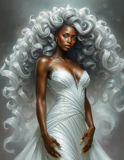 This image is a detailed, computer-generated illustration of an African-American woman with a striking and dramatic appearance. She has a dark brown complexion and is adorned in a strapless, white wedding gown that features intricate ruching and a flowing skirt. Her hair is an extraordinary, voluminous mass of curly, white ringlets that cascade down to her waist, resembling a cloud or an afro. The woman's face is accentuated with bright red blush on her cheeks and pink lipstick, and she gazes directly at the viewer with a serious expression. She wears small, diamond-like stud earrings and has a ring on her left hand. The background is a smoky gray, adding to the ethereal and dramatic atmosphere of the image.