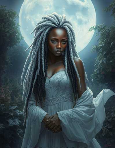 The image portrays a striking black woman with an intense, almost angry expression, her gaze directed straight at the viewer. She has long, intricately braided hair that transitions from white at the top to black at the bottom, with some braids appearing loose and flowing. She is adorned in a white dress with long sleeves that extend to her wrists, featuring a floral pattern and a low neckline that reveals a hint of cleavage. The dress is cinched at the waist with a sash, and her arms are crossed in front of her. Her nails are painted white, adding a touch of elegance to her fierce demeanor. The background is a dark, nighttime forest filled with lush greenery, bushes, and trees. A large, full moon dominates the sky, casting a soft glow over the scene, enhancing the mysterious and enchanting atmosphere.