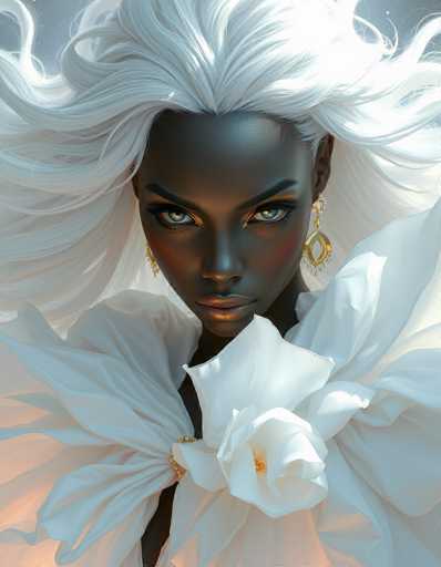 The image shows a close-up portrait of a woman with long white hair and striking blue eyes. She is wearing a white dress that has a large flower on the shoulder, adding an elegant touch to her appearance. The background is blurred, drawing focus to the woman in the foreground.