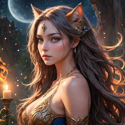 A woman with long brown hair and a gold necklace is depicted wearing a blue dress adorned with intricate gold designs. She has her eyes closed and is looking directly at the camera. The background features a dark sky filled with stars and a full moon, creating an ethereal atmosphere around the woman.