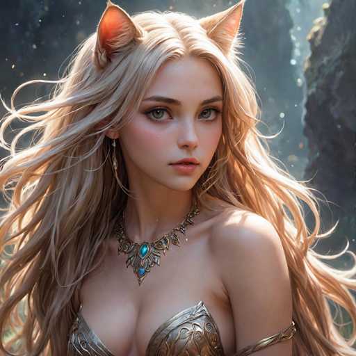 The image depicts a woman with blonde hair and large ears wearing a gold-colored outfit that includes a corset and a headdress. She is looking directly at the camera with an expression of determination or focus on her face. The background features a dark forest setting with trees and rocks, creating a sense of depth and mystery to the scene.