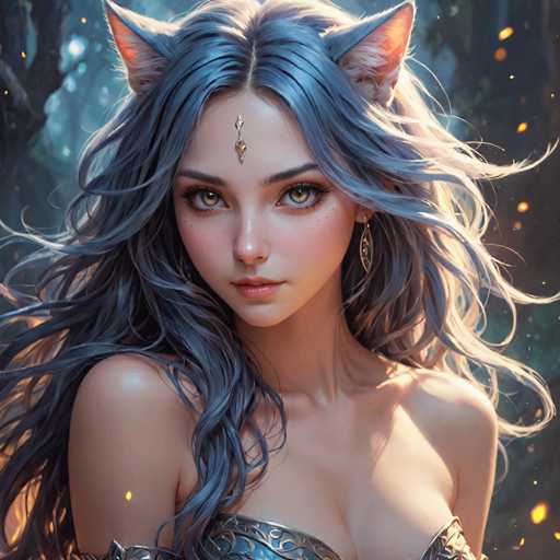 The image shows a close-up portrait of a woman with long, dark hair and blue eyes. She is wearing a dress that has intricate designs on it. The background features trees and foliage, suggesting an outdoor setting or forest environment.