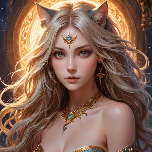 The image depicts a woman with blonde hair and green eyes wearing a gold necklace and earrings. She is standing against a dark background that features a circular pattern of light and shadow. The woman's gaze is directed towards the camera, creating an engaging visual narrative.