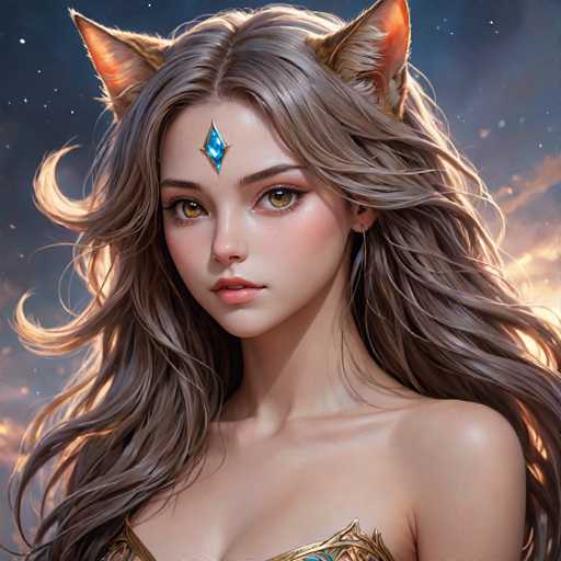 The image depicts a woman with long hair and a blue gemstone on her forehead. She is wearing a gold-colored dress that contrasts with the dark background of stars and clouds. The woman's gaze is directed towards the camera, creating an engaging visual narrative.