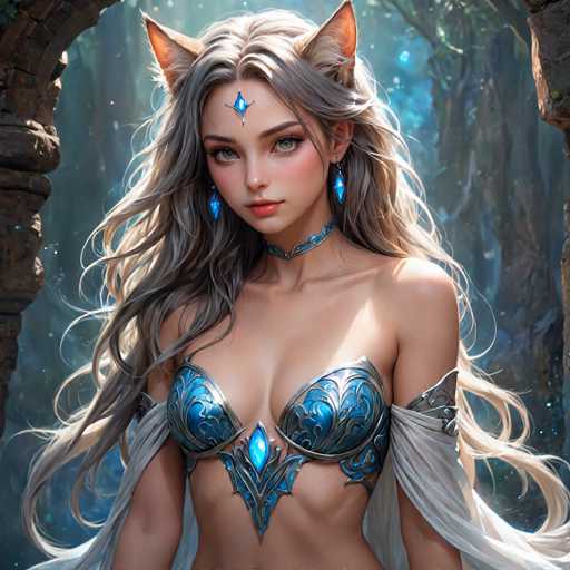 A woman with long blonde hair and blue earrings is depicted wearing a blue and gold dress that features intricate designs on the bodice and skirt. The background of the image shows trees and rocks, suggesting an outdoor or natural setting.