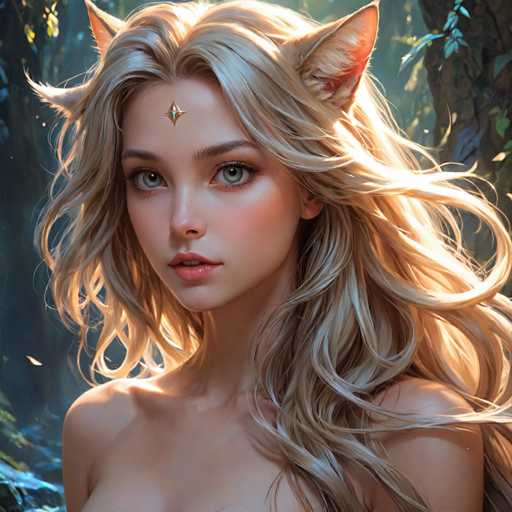 The image depicts a young woman with blonde hair and green eyes wearing a cat-shaped headband on her forehead. She is standing against a dark background that includes trees and bushes, suggesting an outdoor or forest setting. The woman's gaze is directed towards the camera, creating a sense of connection between the viewer and the subject.