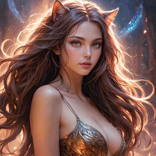 The image depicts a woman with long brown hair and large ears wearing a gold dress that has intricate designs on it. The background is dark and filled with stars, creating an ethereal atmosphere around the woman.