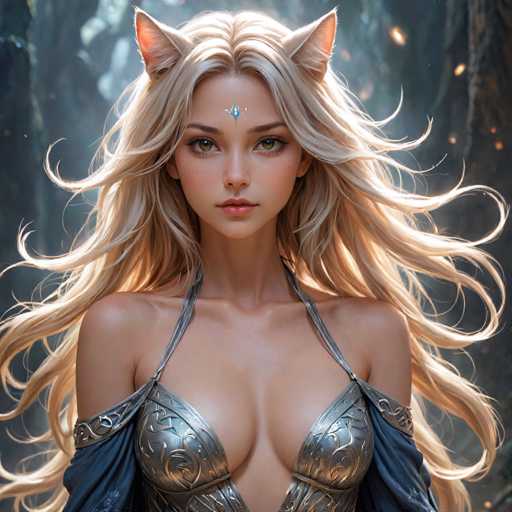 The image shows a close-up portrait of a woman with blonde hair and blue eyes wearing a silver dress that has intricate designs on it. The background is dark and filled with trees, creating an atmosphere of mystery and intrigue.