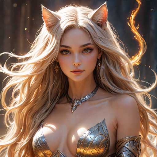 A woman with blonde hair and gold earrings is depicted wearing a golden armor outfit that includes a corset and a helmet. The background features a forest setting with trees and a fire.