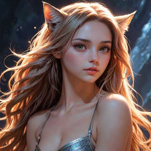 The image shows a close-up portrait of a woman with blonde hair and green eyes wearing a silver bra strap. The background is dark blue, providing a stark contrast that makes the woman stand out.