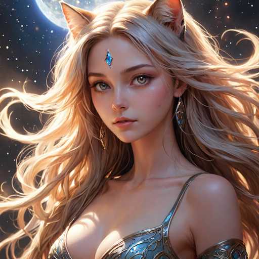The image depicts a woman with blonde hair and blue eyes wearing a gold dress adorned with intricate designs. She is looking directly at the camera, her gaze meeting the viewer's eye. The background features a dark sky filled with stars, creating an ethereal atmosphere around the woman.