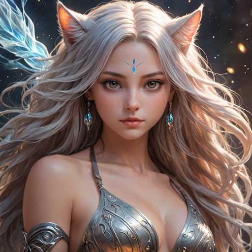 The image shows a close-up portrait of a woman with long blonde hair and blue eyes. She is wearing a silver bodysuit that has intricate designs on it. The background features a dark blue sky filled with stars, creating an ethereal atmosphere around the woman.