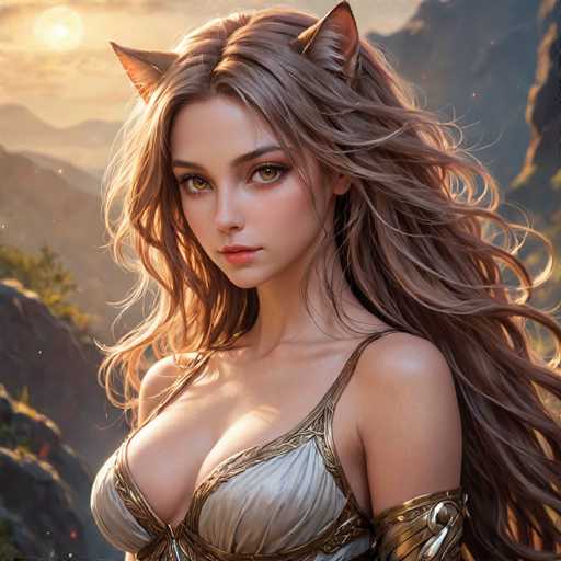 A woman with long brown hair and a gold bra stands against a backdrop of mountains and trees. She is wearing a white dress adorned with gold accents that matches the color of her hair. The image does not contain any discernible text or other objects.