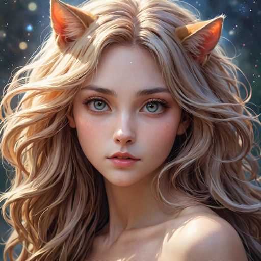 The image shows a close-up portrait of a young woman with blonde hair styled in loose waves and large, orange ears that match the color of her eyes. The background is dark blue, providing a stark contrast to the lighter features of the subject's face.