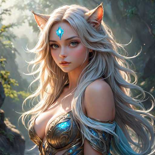 The image depicts a woman with blonde hair and blue eyes wearing a golden dress adorned with intricate designs. The background is filled with trees and foliage, creating an impression of being in a forest or woodland setting.