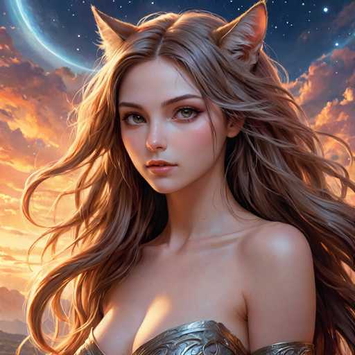 The image shows a close-up portrait of a woman with long hair and light brown eyes. She is wearing a dress that appears to be made of metal or silver, giving her an ethereal appearance. The background features a sky filled with clouds and the moon, creating a dreamy atmosphere. There are no texts present in the image.