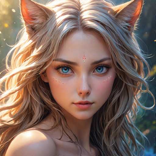 The image shows a close-up portrait of a young woman with blonde hair and blue eyes. The woman is wearing a necklace around her neck. The background features trees and bushes, suggesting an outdoor setting or natural environment.