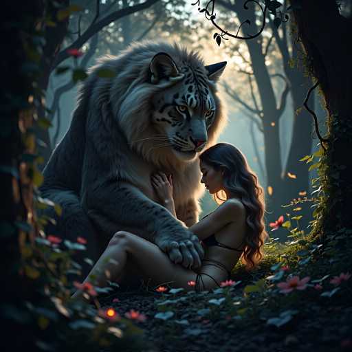 In this captivating fantasy illustration, a massive, majestic tiger with a striking gray and black coat and piercing yellow eyes stands protectively over a slender woman. The tiger's fur is particularly notable for its long, flowing mane that cascades down its neck, adding to its regal appearance. Its powerful paws are gently placed on the woman's legs, suggesting a sense of companionship and care.

The woman, who appears to be in her twenties, has long, wavy brown hair that flows down her back. She is dressed in a black bikini, which contrasts beautifully with her pale skin and the lush forest setting around them. The scene is set in a dense, enchanting forest, with tall trees forming a natural archway around the pair. The forest floor is carpeted with vibrant pink and white flowers, adding splashes of color to the serene environment.

The tiger's gaze is fixed intently on something in the distance, giving the impression that it is both guardian and watchful companion to the woman. The overall atmosphere of the image is one of tranquility and mutual trust, as the tiger's protective stance over the woman suggests a deep bond between them. This detailed and evocative illustration captures a moment of serene beauty and fantastical wonder.