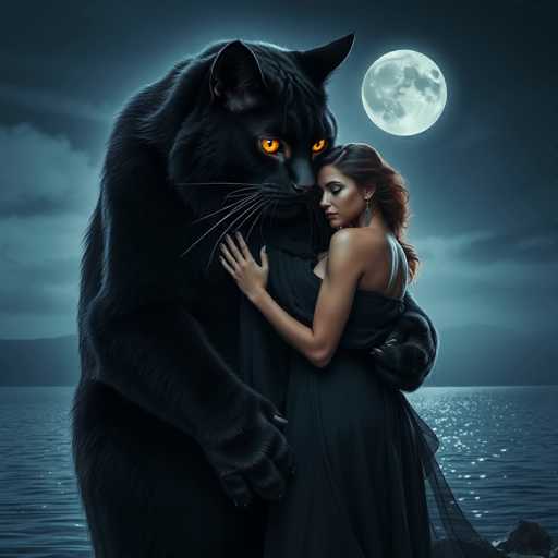 In this captivating, AI-generated image, a woman in a long, black dress with a sheer, see-through skirt stands on a rocky shoreline, her back to the viewer. She has long, dark hair cascading down her shoulders and wears striking silver earrings. Embracing her from behind is a colossal black cat, its massive form towering over her, with piercing orange eyes and long whiskers. The cat's right paw rests gently on her hip, while its left paw hangs down by her side. The scene is set against a dark, cloudy night sky, with a full moon casting an ethereal glow over the tranquil water below. In the distance, the faint outline of mountains can be seen, adding to the mysterious and enchanting atmosphere of the image.