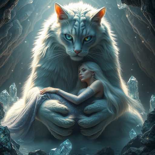 The image depicts a fantastical scene set in a dark, cavernous environment with rocky walls and a floor scattered with large, sparkling crystals. At the center of the image is a colossal white cat with piercing green and yellow eyes, its ears pointed and glowing with an orange hue. The cat's fur is long and fluffy, and it has a distinctive white stripe running down the middle of its forehead. The cat's massive paws cradle a woman who appears to be a princess or fairy. She has long, flowing white hair and is adorned in a sparkly blue dress with matching gloves. Her eyes are closed, and she wears a serene expression, resting her head gently against the cat's chest. The woman's dress drapes elegantly over the cat's paws, adding to the ethereal quality of the scene. The overall atmosphere is mystical and enchanting, with the contrast between the dark cave and the radiant crystals enhancing the magical feel of the image.