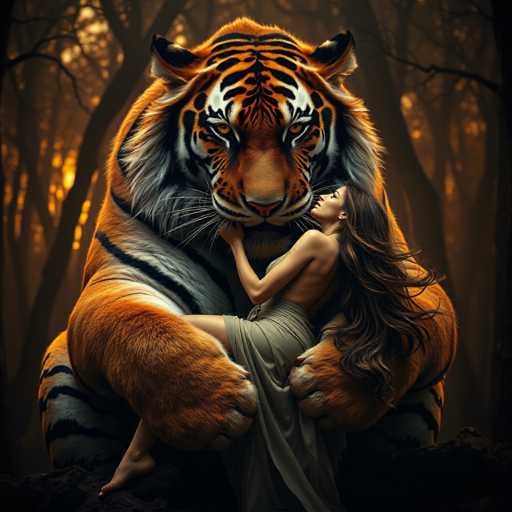 In this captivating image, a woman is seen in an intimate embrace with a majestic tiger. The tiger, with its striking orange fur adorned with black stripes, has a face that blends hues of orange, white, and black. Its piercing orange eyes gaze directly at the camera, creating a powerful connection with the viewer. The woman, who has long brown hair cascading down her back, is wearing a light gray dress that complements the tiger's vibrant colors. She is positioned on the right side of the image, with her arms wrapped around the tiger's neck, and her head tilted upwards, gazing lovingly into its eyes. The background is a serene forest, with tall trees and a soft, yellowish light filtering through the branches, adding a mystical ambiance to the scene. The tiger's massive paws are gently placed on either side of the woman, emphasizing the tender and harmonious relationship between the two.