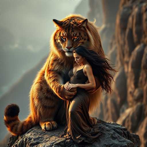 In this captivating image, a majestic tiger and a delicate woman stand side by side on a rugged rock formation. The tiger, with its striking orange fur adorned with black stripes, exudes power and grace. Its piercing orange eyes and prominent whiskers add to its fierce yet regal appearance. The tiger's ears are perked up attentively, and its long, bushy tail curls around its body, ending in a distinctive black tip.

Beside the tiger stands a woman with long, flowing black hair that cascades down her back. She is dressed in a sleek black dress that complements her elegant posture. Her gaze is directed downward, and her hands rest gently on her stomach, giving her a serene and contemplative demeanor.

The backdrop of the scene is equally dramatic, with a towering mountain range that stretches from the bottom left to the top right of the image. The mountains are cloaked in a misty gray, adding an air of mystery and grandeur to the setting. The rock they stand on is a stark contrast, with a dark gray hue that emphasizes the natural beauty of the landscape.

This image beautifully captures the juxtaposition of the wild, untamed spirit of the tiger with the quiet grace of the woman, set against the backdrop of nature's majestic grandeur.