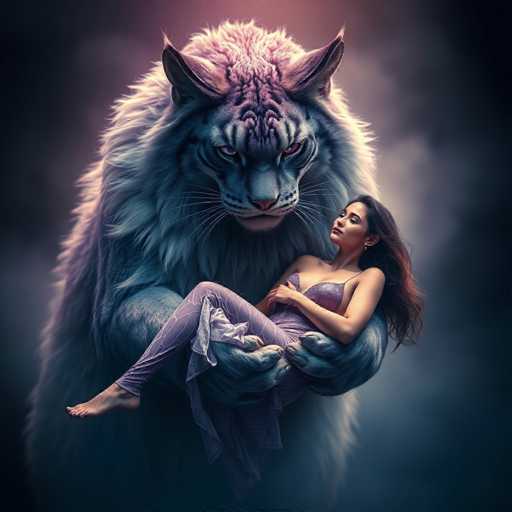 The image depicts a fantastical scene featuring a giant, majestic creature that appears to be a hybrid between a cat and a lion, with distinct feline features such as whiskers, ears, and a mane. This creature, with a grayish-blue hue, is holding a woman in its massive paws. The woman, who has long, flowing brown hair and is dressed in a purple dress, is cradled gently in the beast's arms. She appears to be either asleep or unconscious, with her eyes closed and her head resting on her arm. The background is a blend of dark blue and purple tones, creating a mystical atmosphere that complements the ethereal nature of the scene. The overall composition suggests a surreal, dreamlike quality, reminiscent of a fantasy or fairytale setting.
