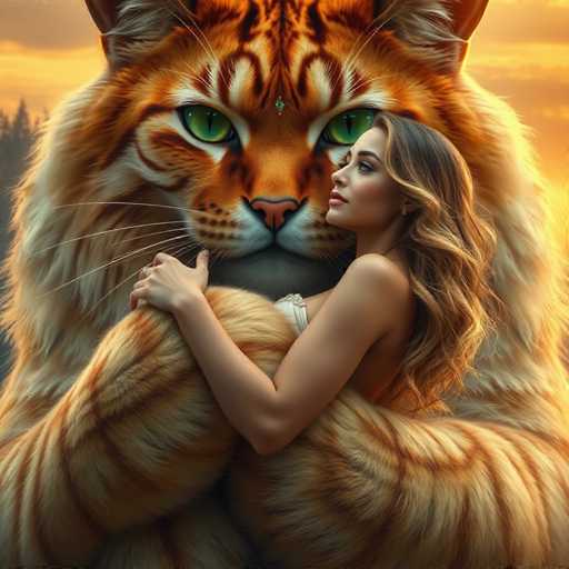 In this captivating image, a woman with long, wavy brown hair adorned with blonde highlights is seen embracing a colossal tiger. The tiger's fur is a striking blend of orange, brown, and white, with piercing green eyes that seem to gaze directly into the camera. The woman, who appears to be of Caucasian descent, is dressed in a white top that reveals her bare arms and shoulders. Her left hand, adorned with a ring, gently rests on the tiger's face. The background features a serene landscape with trees and a sky painted in hues of yellow and gray, suggesting either dawn or dusk. The woman's head is turned to the right, her expression serene and contemplative, as she looks off into the distance. The image is devoid of any text, allowing the viewer to fully immerse in the tranquil and surreal moment captured.