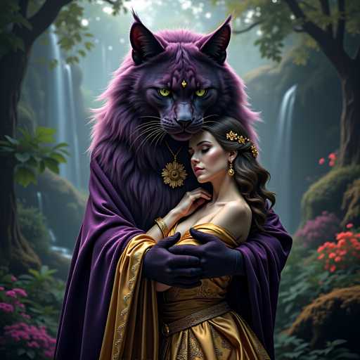 The image depicts a woman wearing a gold dress and a purple cape standing next to a large, purple-furred cat with green eyes. The background features trees and waterfalls, creating an enchanting forest setting.