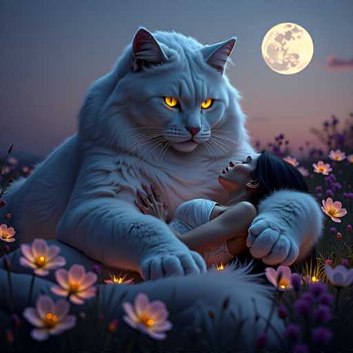 In this captivating nighttime scene, a colossal white cat with piercing yellow eyes and a pink nose dominates the foreground. Its fur is illuminated by the moonlight, casting a soft glow that enhances its majestic presence. The cat's enormous paws gently cradle a woman who lies serenely in its lap. She has long black hair cascading down and wears a white top, her eyes closed in peaceful slumber. The woman's head rests on the cat's arm, which is draped protectively around her. Surrounding them is a lush field of vibrant flowers, with purple blooms on the right and pink ones on the left, all glowing softly in the moonlight. The sky above transitions from a deep blue to a lighter hue near the horizon, where a full moon hangs in the top right corner, casting its ethereal light over the entire scene.
