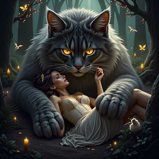 A beautiful, detailed digital painting of a woman peacefully nestled in the massive paws of a large, fluffy grey cat-like creature. The scene is set in an enchanted forest at night, with glowing candles scattered around and fireflies flitting about. The woman is wearing a delicate, cream-colored gown with intricate detailing and has dark hair adorned with golden flowers. She is looking up at the cat-like creature with a serene expression, her hand gently resting on its paw. The creature's eyes are glowing with an intense orange light, and its fur is soft and voluminous. The background is dark and mystical, with tall trees and glowing mushrooms adding to the magical atmosphere. The overall mood of the painting is one of peace, comfort, and enchantment.