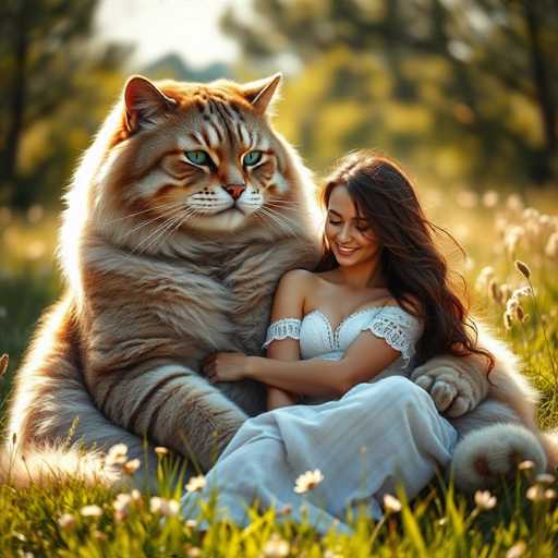 In this captivating image, a woman with long, flowing brown hair is seated on the ground, her gaze directed downward. She is dressed in a white, lacy top that reveals her shoulders, paired with a long skirt. Beside her sits an enormous cat, its size nearly matching that of the woman. The cat's fur is a blend of brown and white, with striking green eyes and a pink nose. Its whiskers are white, and its ears are perked up attentively. The cat's paws rest gently on the woman's arms, creating a sense of companionship. The background is a serene field of grass dotted with small white flowers, with trees and a clear sky visible in the distance. The woman's smile, though directed downward, exudes warmth and contentment, suggesting a moment of quiet joy shared with her feline friend.