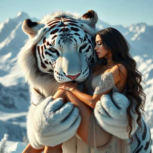 In this captivating image, a majestic white tiger with striking black stripes cradles a woman in its powerful arms. The tiger's piercing yellow eyes gaze directly at the camera, exuding a sense of wild beauty and strength. The woman, with her long, flowing black hair cascading down to her waist, is dressed in a sheer, white lace garment that elegantly drapes over her shoulder and wraps around her chest. She is seated on the tiger's lap, her legs crossed, and her arms resting gently on the tiger's chest. Her eyes are closed, and her head is tilted to the side, giving the impression of serene trust and intimacy with the magnificent creature. The background features a serene, light blue sky and a snow-covered mountain range, adding a touch of tranquility to the scene. The tiger's white fur contrasts beautifully with the woman's delicate attire, creating a harmonious and enchanting visual composition.
