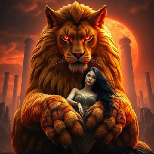 The image depicts a striking fantasy scene featuring a colossal lion with a human-like female figure seated on its lap. The lion, with its piercing orange eyes and a mane that transitions from brown to yellow, dominates the foreground. Its massive paws are gently cradling the woman, who has long, flowing black hair and is dressed in a strapless, olive-green gown. She appears serene and content, with her hand resting on her lap. The backdrop is a dramatic, dark sky illuminated by a large, glowing orange moon, casting an eerie light over the scene. The horizon is lined with ancient stone columns and towers, adding to the mystical atmosphere. The overall color palette is a blend of dark browns, oranges, and yellows, enhancing the fantastical and otherworldly feel of the image.