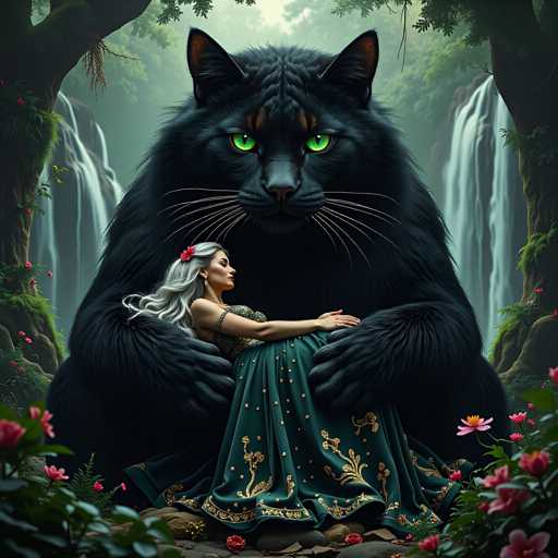 A woman with blonde hair and a green dress is sitting on a rock next to a large black bear wearing a gold crown. The scene takes place in a forest setting with trees and waterfalls visible in the background.
