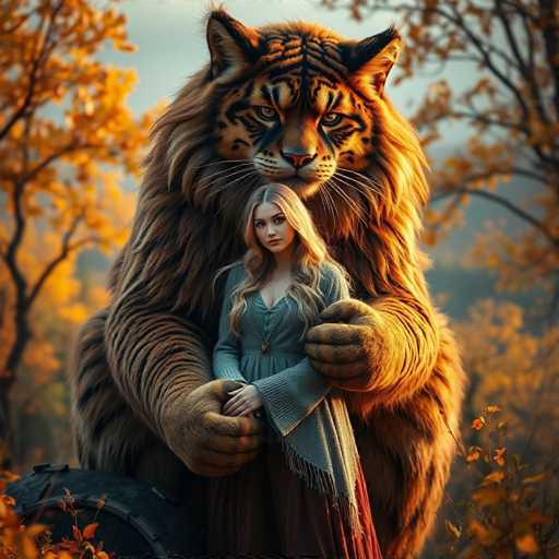 In this captivating image, a young woman with long blonde hair cascading down to her chest stands gracefully in a serene forest setting. She is dressed in a long-sleeved gray dress that complements the tranquil atmosphere around her. Behind her, a majestic tiger with a striking coat of brown fur adorned with black stripes and hints of orange stands protectively. The tiger's powerful presence is accentuated by its large, furry paws that gently cradle the woman's arms. The background features a dense forest with trees showcasing vibrant yellow leaves, adding a touch of autumnal beauty to the scene. The sky above is a clear, light blue, providing a serene backdrop to this enchanting moment.