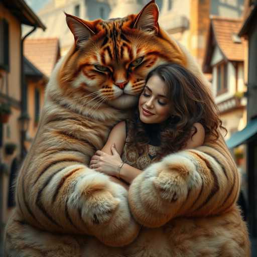A woman with brown hair is hugging a large orange and white striped cat on the street.