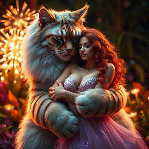 In this captivating image, a majestic white tiger with striking orange stripes stands on the left side, its powerful presence commanding attention. The tiger's piercing orange eyes and pink nose add to its regal appearance. Embracing the tiger is a woman with long, flowing red hair that cascades down to her waist. She is adorned in a pink dress with a delicate white top, and a silver necklace graces her neck. Her eyes are closed, and her lips are painted a soft pink, giving her a serene expression. The woman's hands rest gently on the tiger's chest, showcasing a ring on her finger. The background is a vibrant tapestry of green plants and colorful flowers, with yellow and orange blooms adding a warm touch. To the left, a dazzling display of fireworks illuminates the sky, casting a magical glow over the scene.